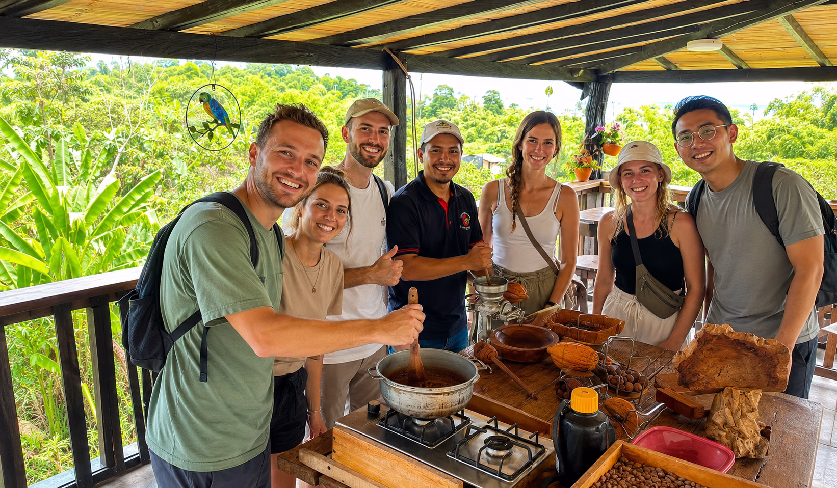 Grupo disfrutando un taller práctico de elaboración de chocolate en el tour de cacao Evelyza.