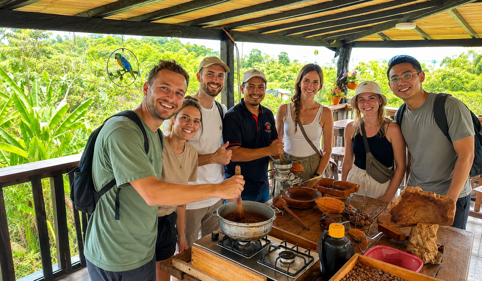 Group enjoying a hands-on chocolate making workshop on the Cacao tour Evelyza.