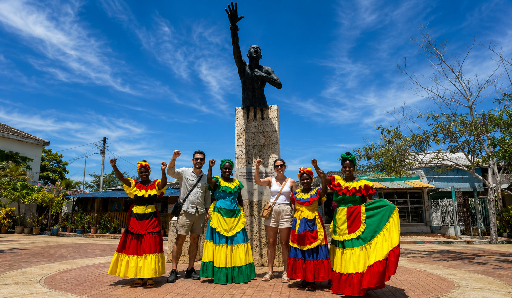Couple posing with local women in traditional dresses in the main square during a San Basilio de Palenque tour.