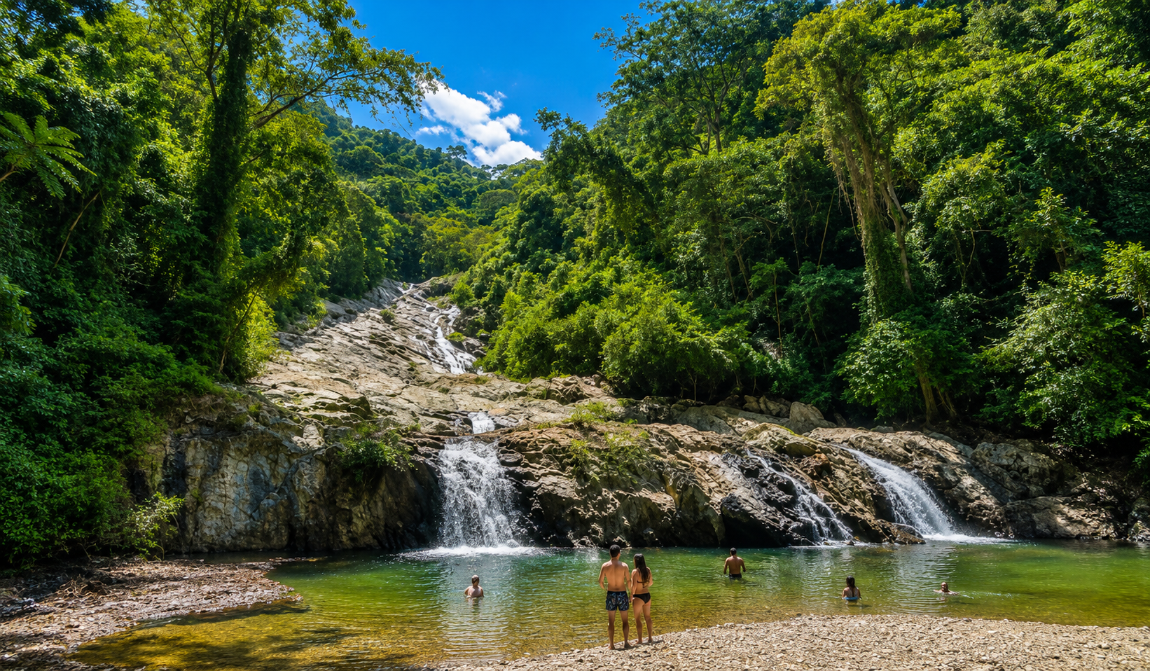 Visitors swimming in a natural pool surrounded by jungle on a La Guajira waterfall tour.