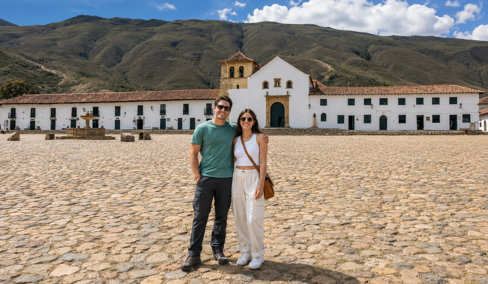 Couple in the main square of Villa de Leyva with colonial architecture and mountain views during a 2 day tour Zipaquira Villa de Leyva.