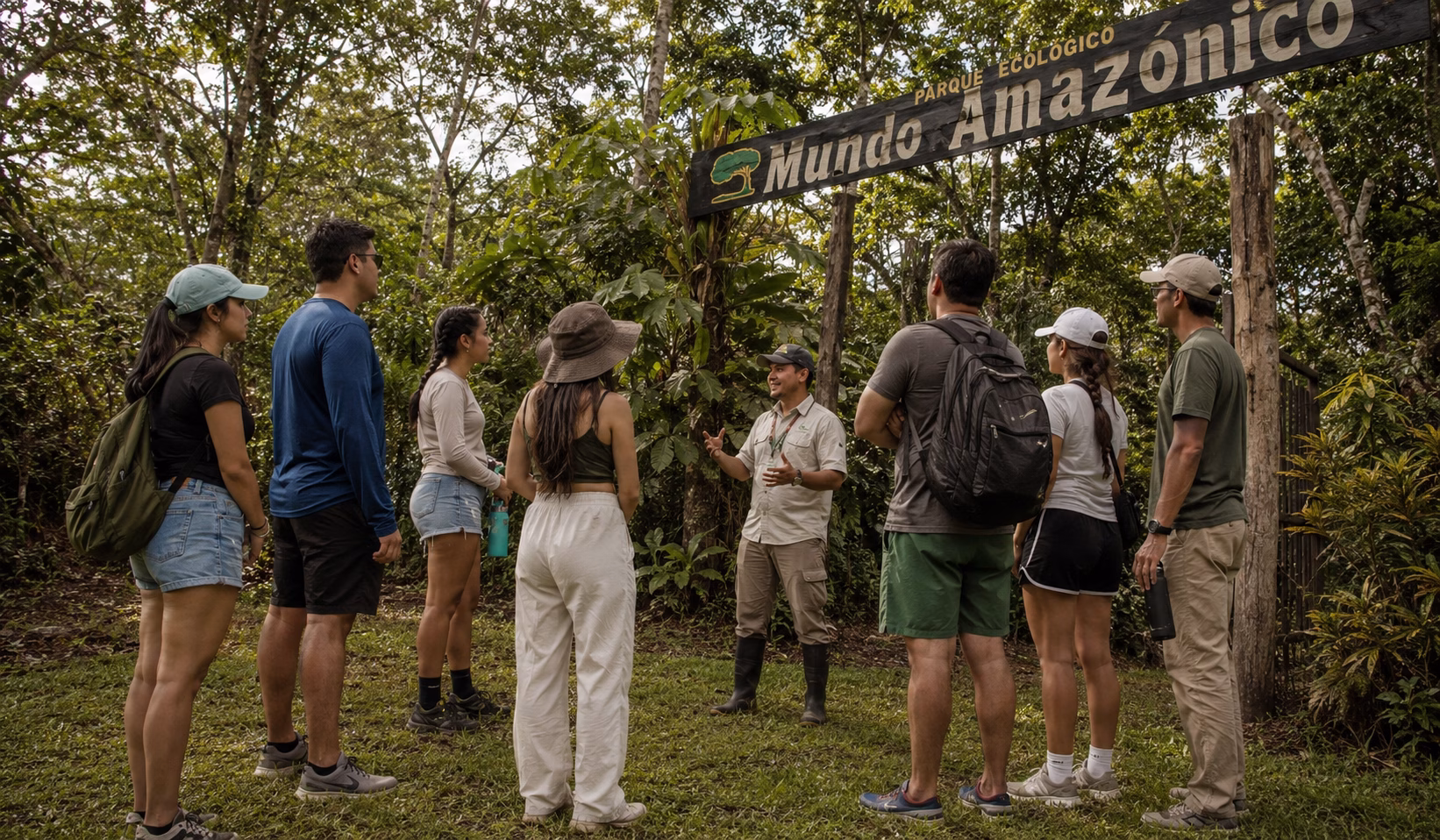 Travelers listening to a local guide at Mundo Amazónico during a 4 day Amazon tour.
