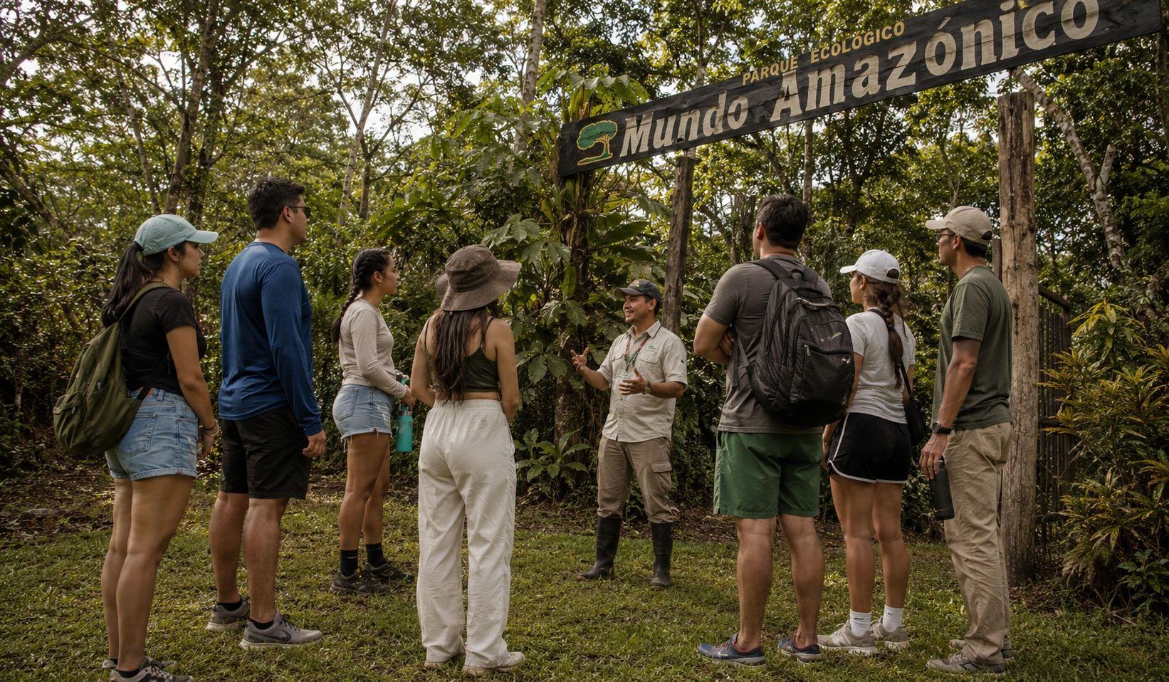 Travelers listening to a local guide at Mundo Amazónico during a 4 day Amazon tour.