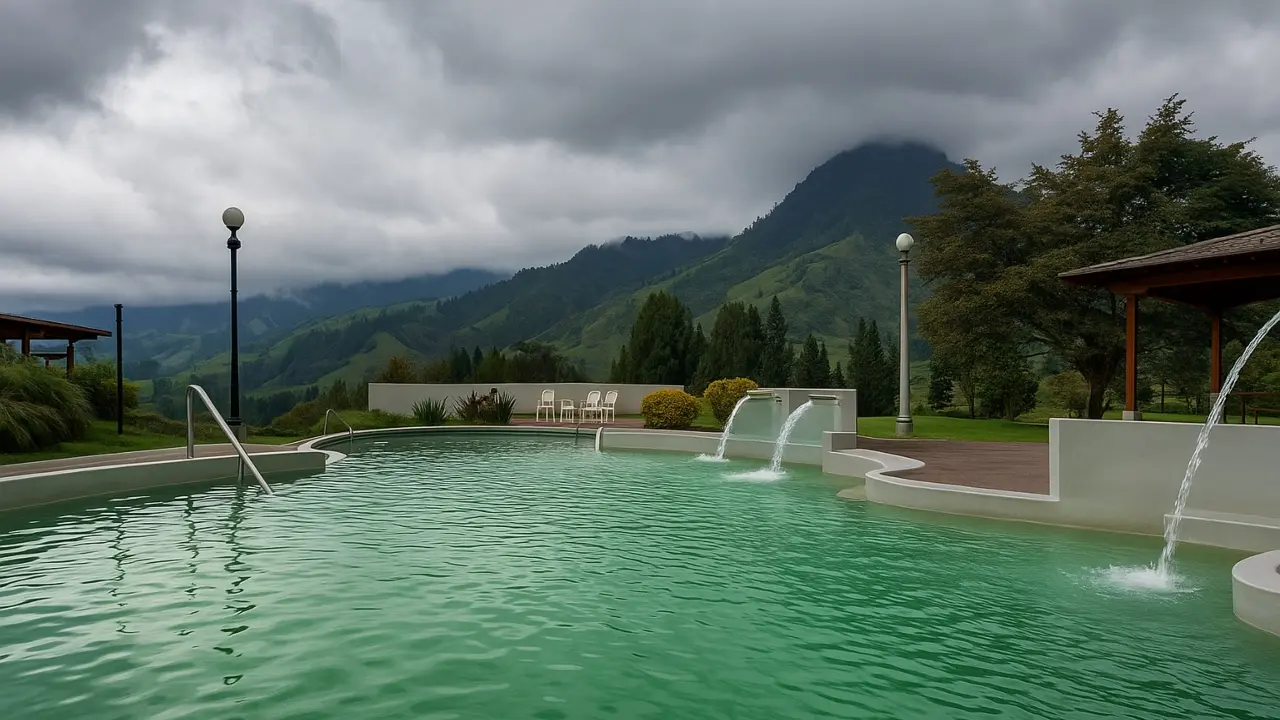 Outdoor hot springs pool with dramatic mountain views and cloudy skies on an Otoño Hot Springs Trip.