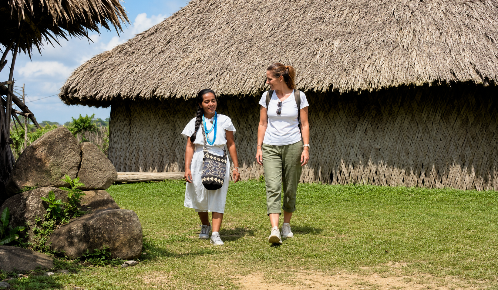 Traveler walking with an Indigenous woman beside a traditional house on a Tunkeka Culture tour.