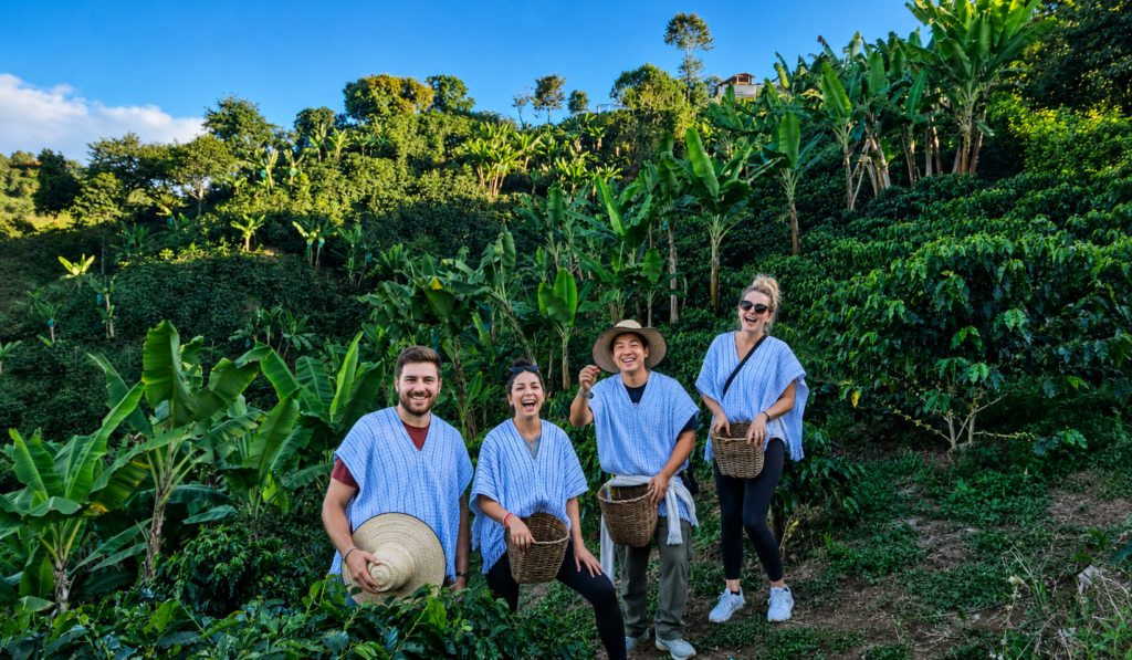 Travelers picking cacao with baskets in the plantation during the Cacao tour Evelyza.