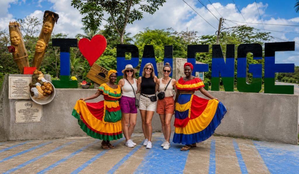 Visitantes y bailarines locales posando juntos en el letrero de Palenque durante un recorrido por San Basilio de Palenque.