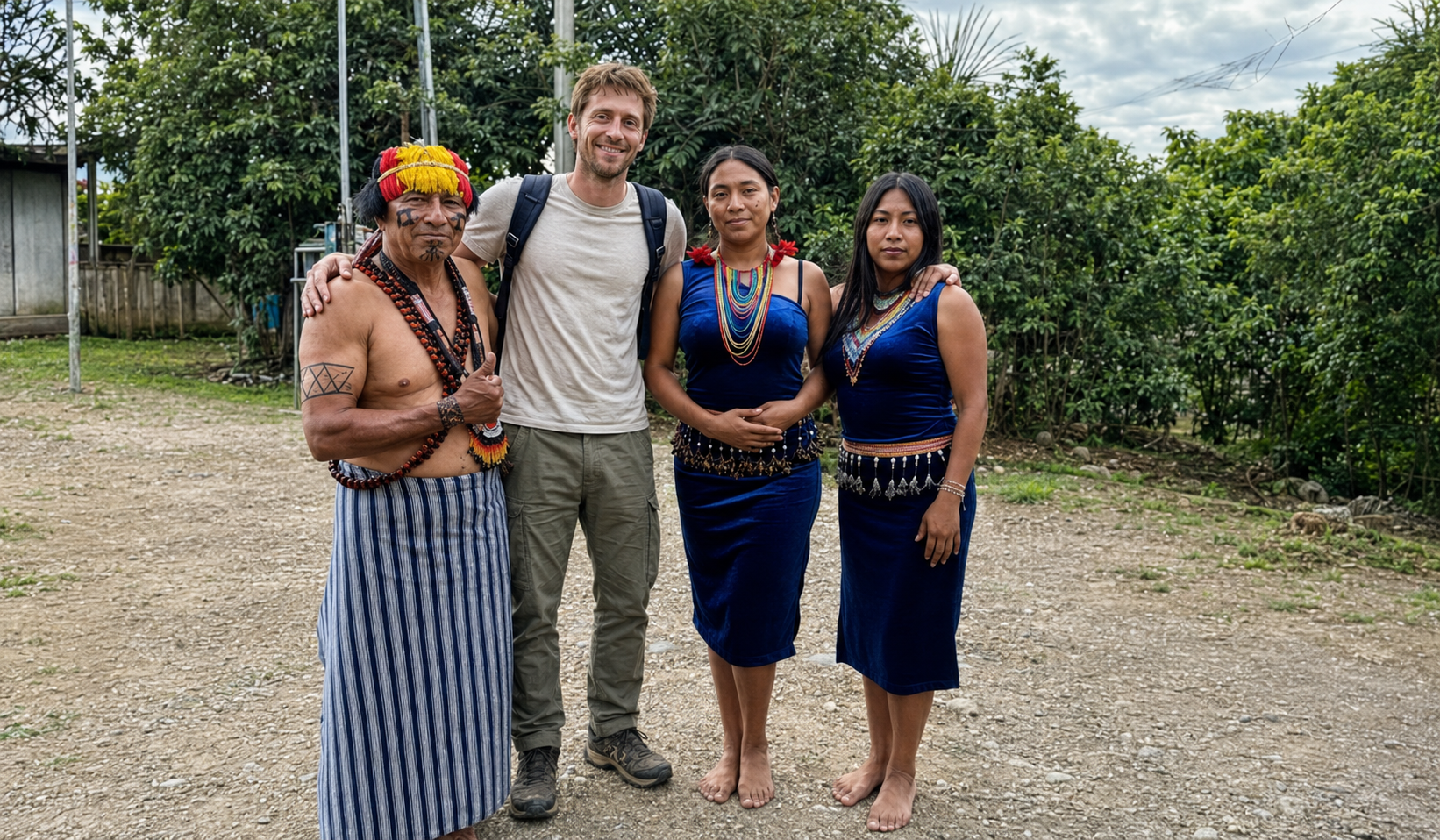 Traveler posing with Indigenous community members in traditional dress during a Tunkeka Culture tour.