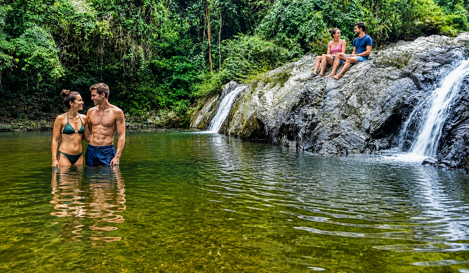 Couple standing in a serene natural pool with waterfalls in the background on a La Guajira waterfall tour.