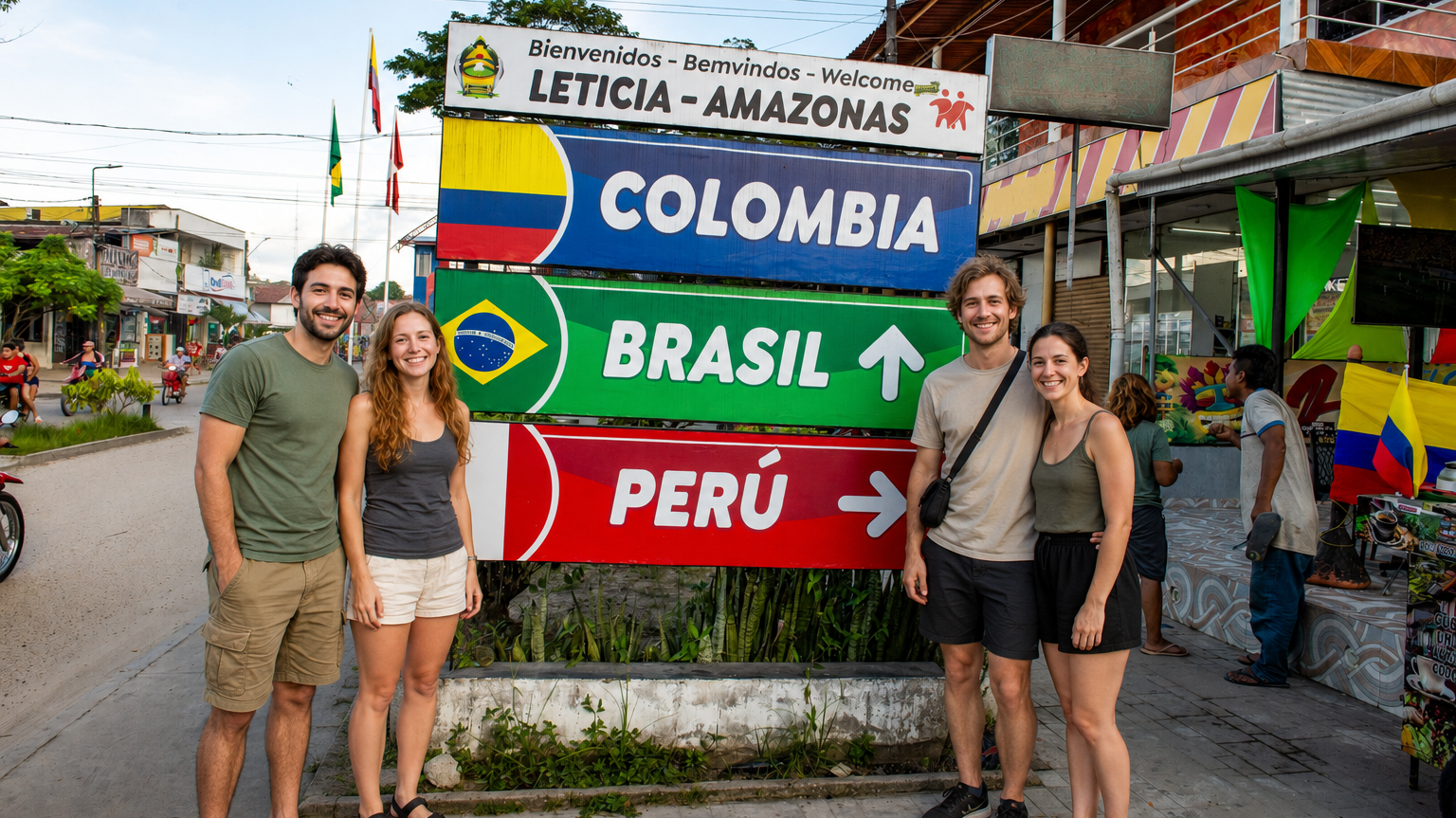 Group of travelers at the Colombia, Brazil, and Peru border sign on a City tour Leticia Tabatinga.