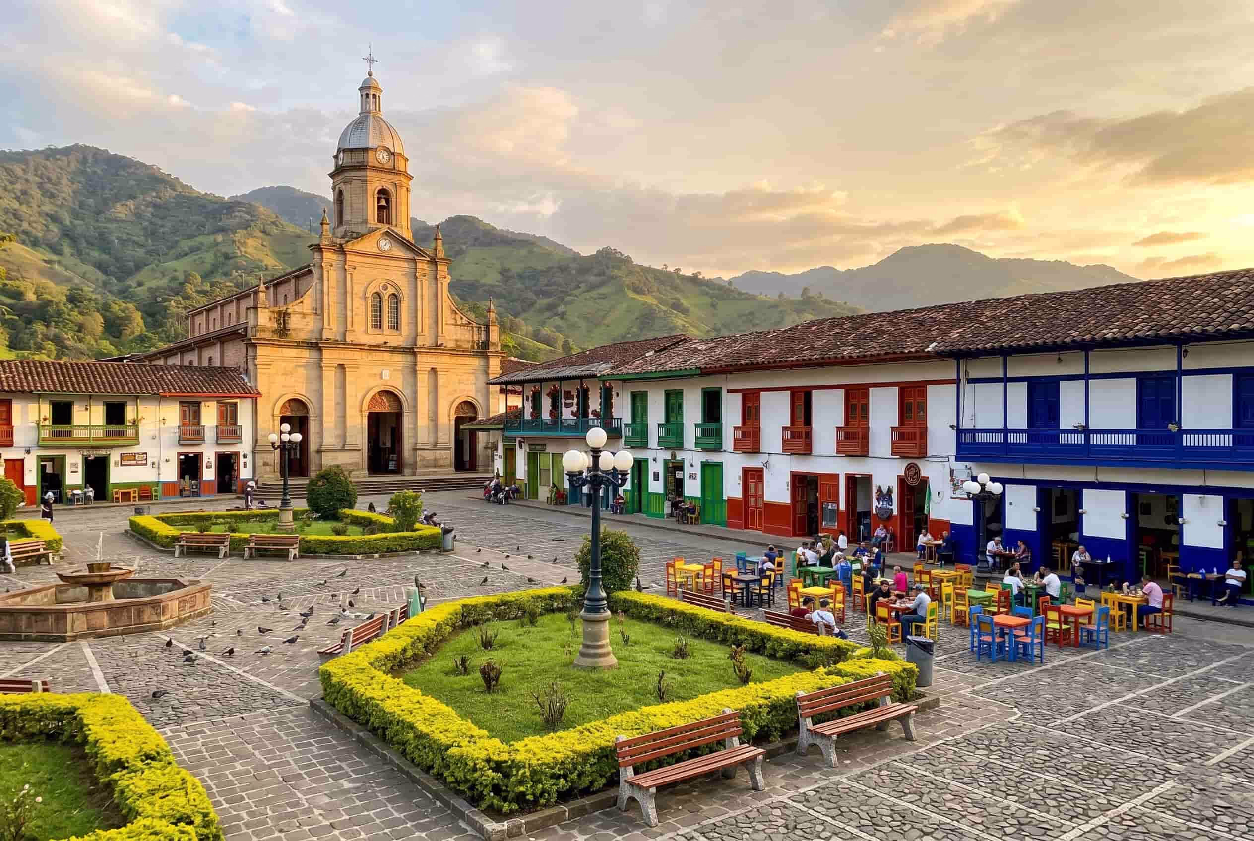 colonial church and colorful facades around main plaza jardin antioquia colombia