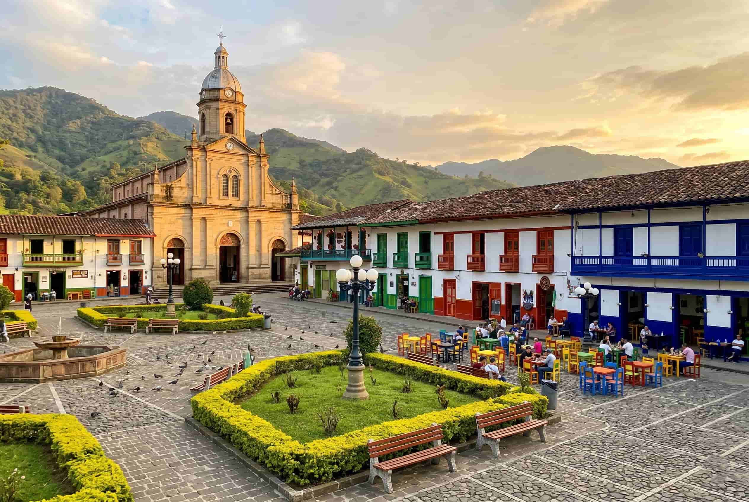 colonial church and colorful facades around main plaza jardin antioquia colombia