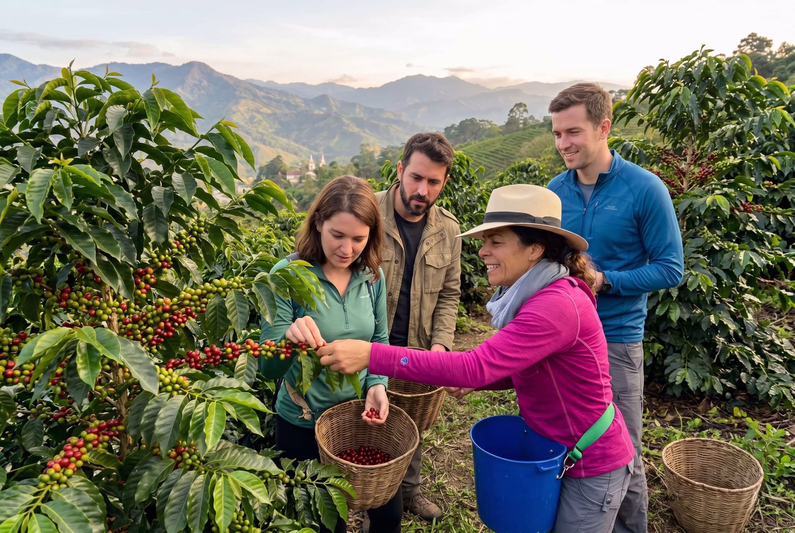 local farmer demonstrating coffee harvesting to tourists on coffee farm near jardin colombia