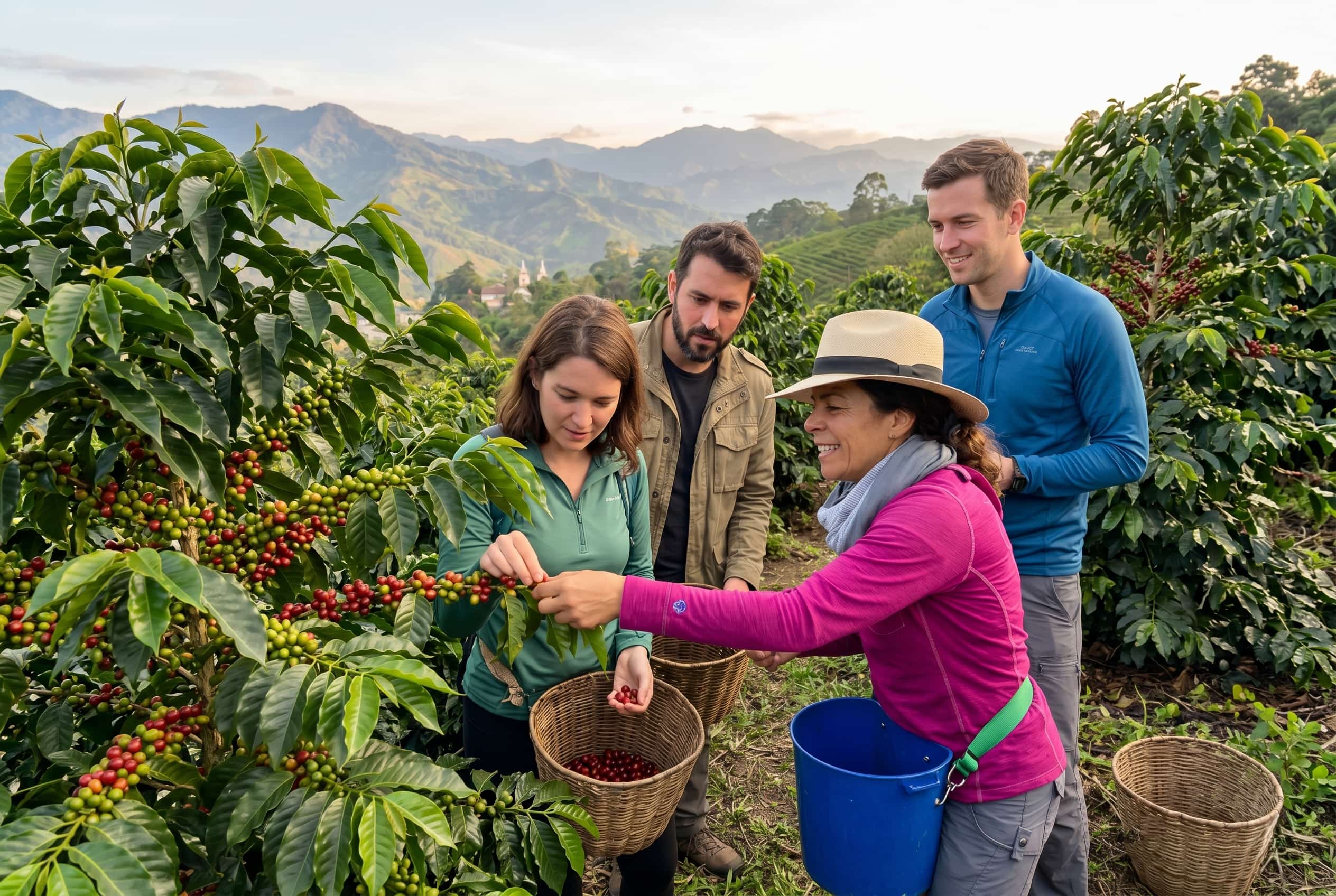 ocal farmer demonstrating coffee harvesting to tourists on coffee farm near jardin colombia
