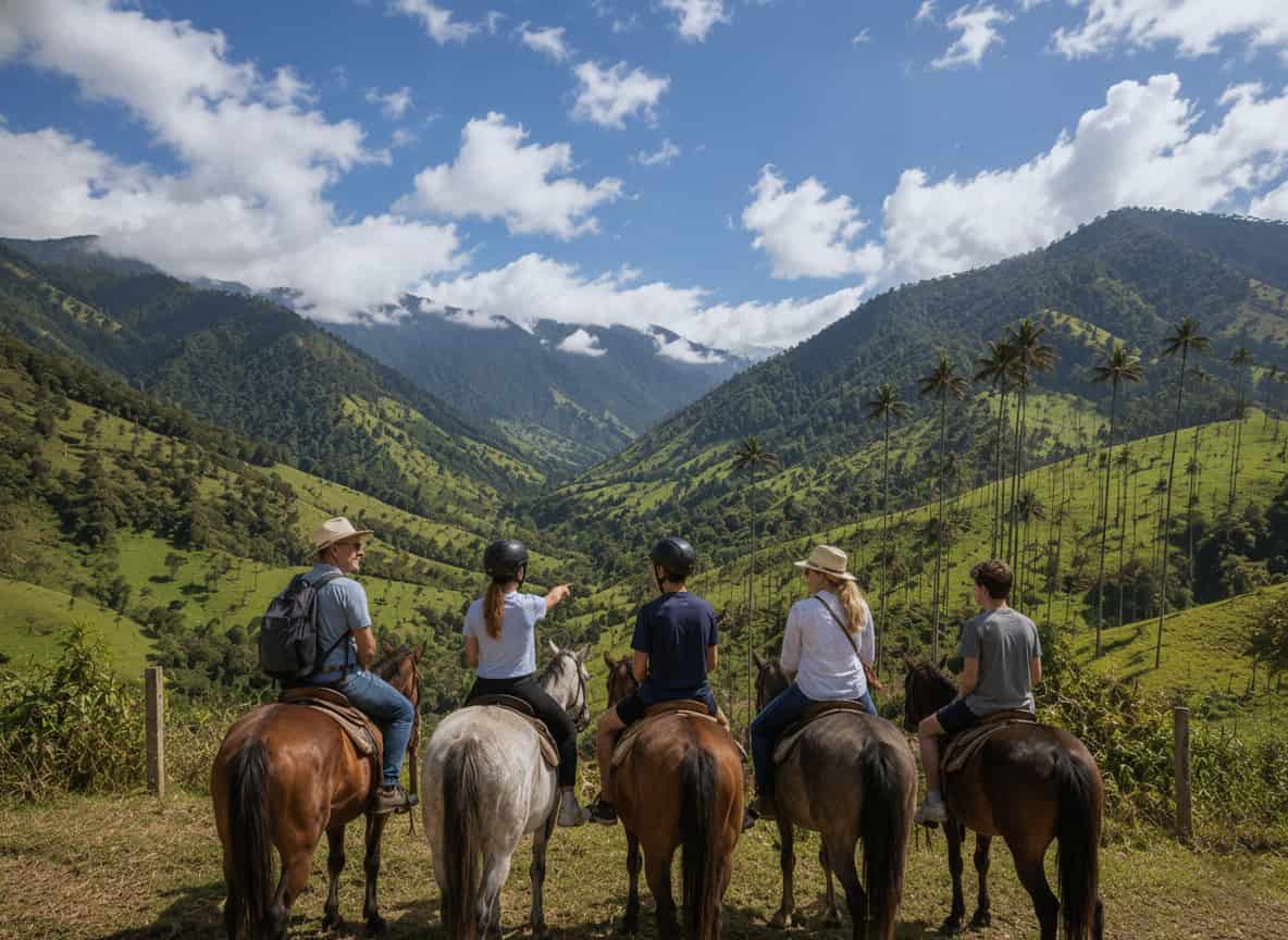ourists on horseback riding through cocora valley wax palm forest salento colombia