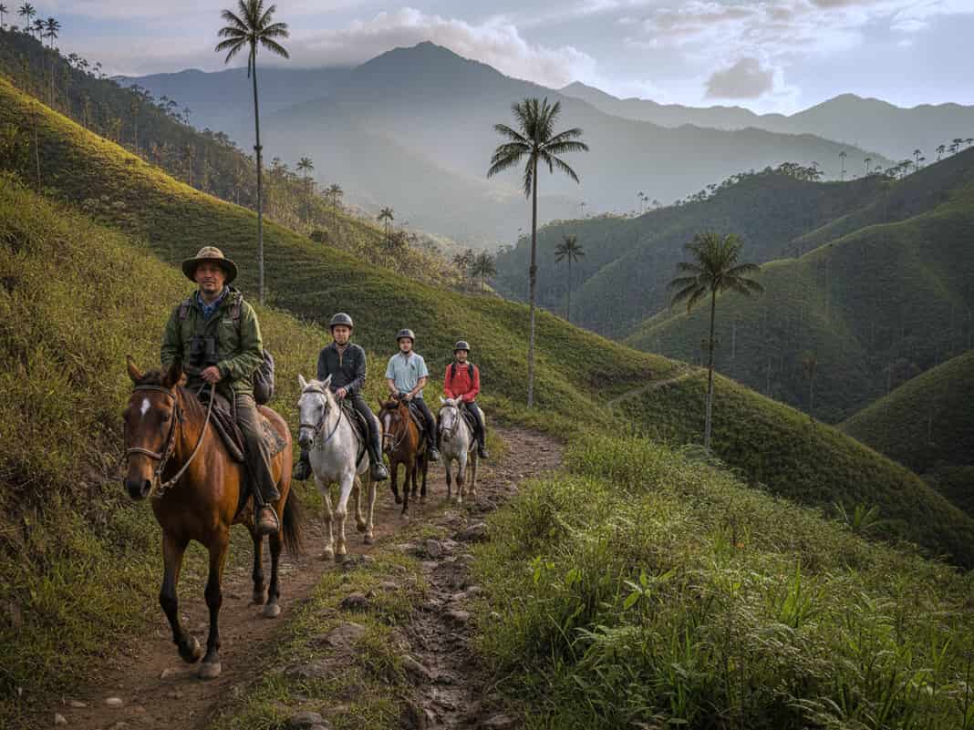 horse riders at viewpoint overlooking cocora valley andes mountains eje cafetero colombia
