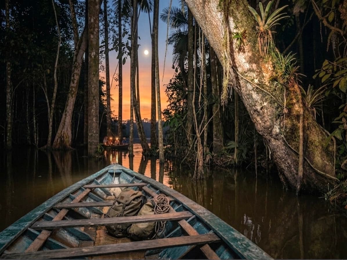 Bow of a wooden canoe on still water at sunset in the Colombian Amazon