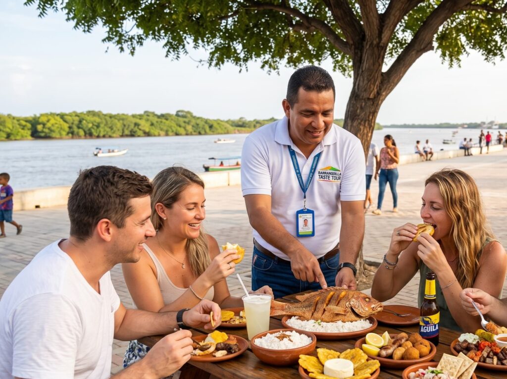 A guide and travelers sharing Caribbean dishes on one of our Barranquilla food tours