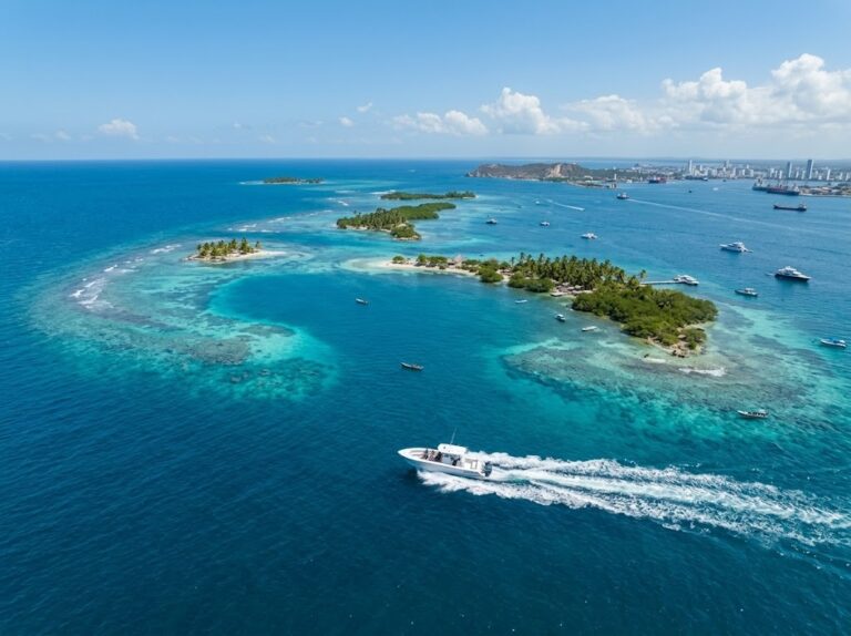 Aerial view of turquoise Caribbean reef and boats off the coast of Barú near Cartagena