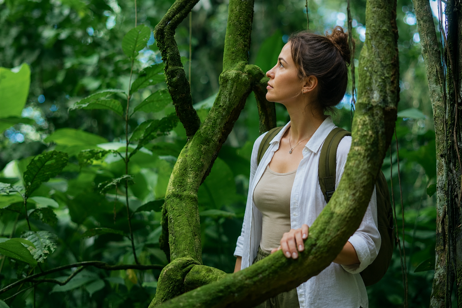 Traveler surrounded by lush rainforest vegetation on a City tour Leticia Tabatinga.