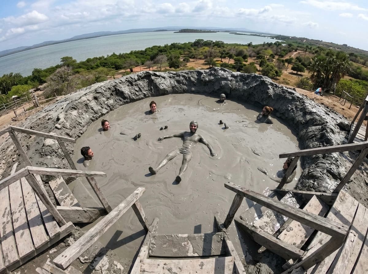 Visitors bathing in the grey mud crater of the El Totumo mud volcano near Cartagena