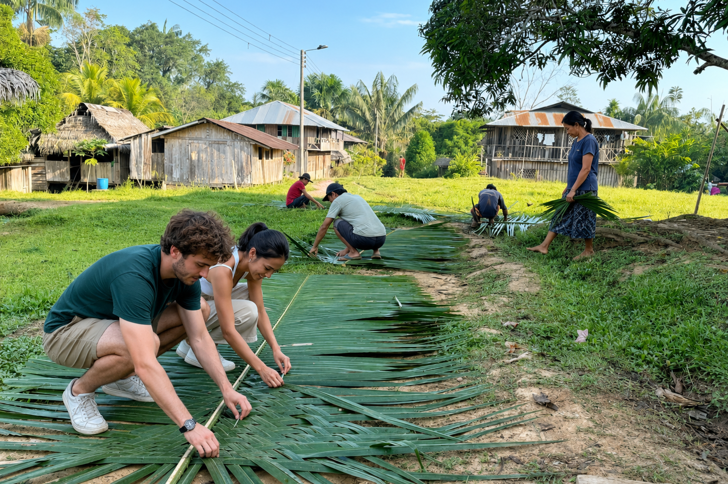 Travelers weaving palm leaves with a local community in an Amazon village during a City tour Leticia Tabatinga.