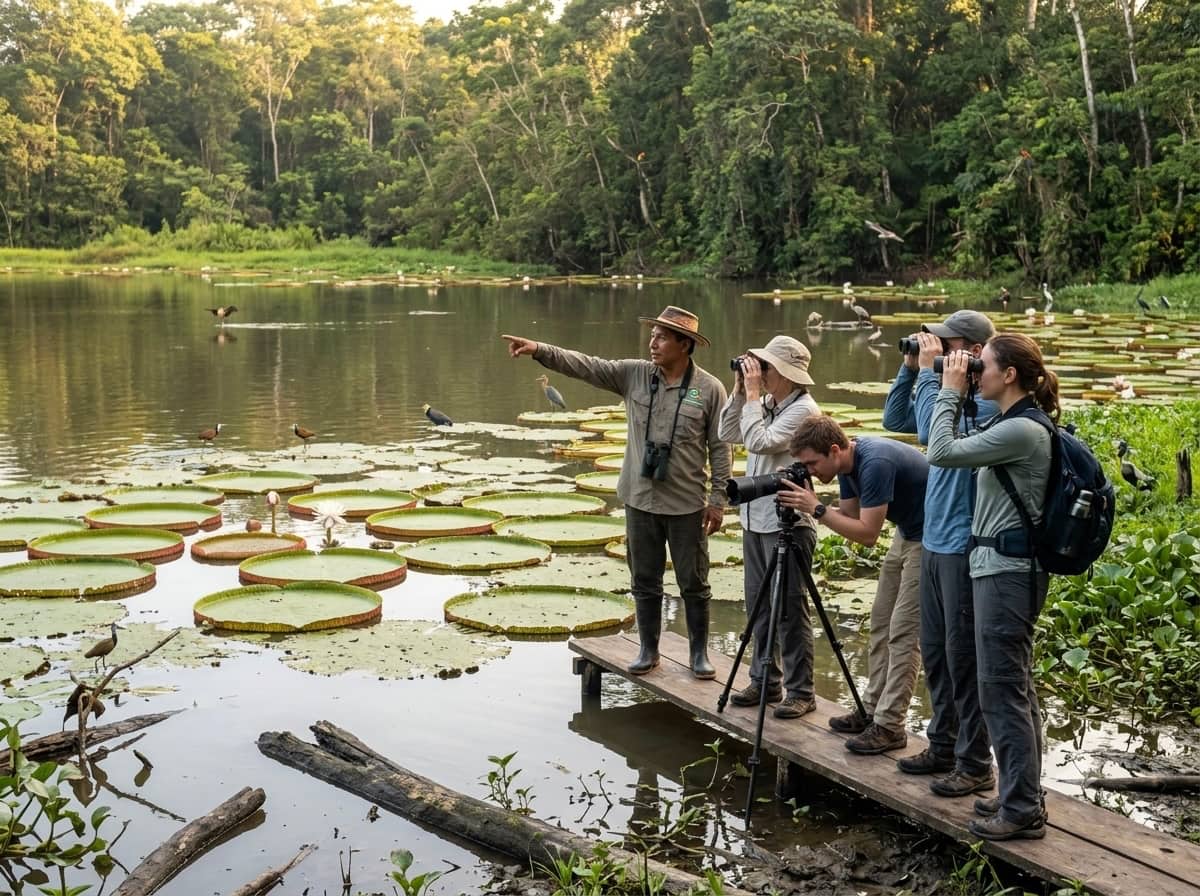 Travelers on a wooden platform above giant lily pads at the Flor de Loto reserve