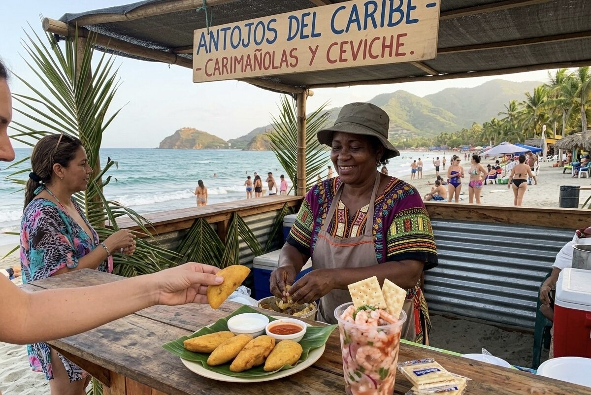 A vendor serving Caribbean street food at a beachfront stall in Santa Marta