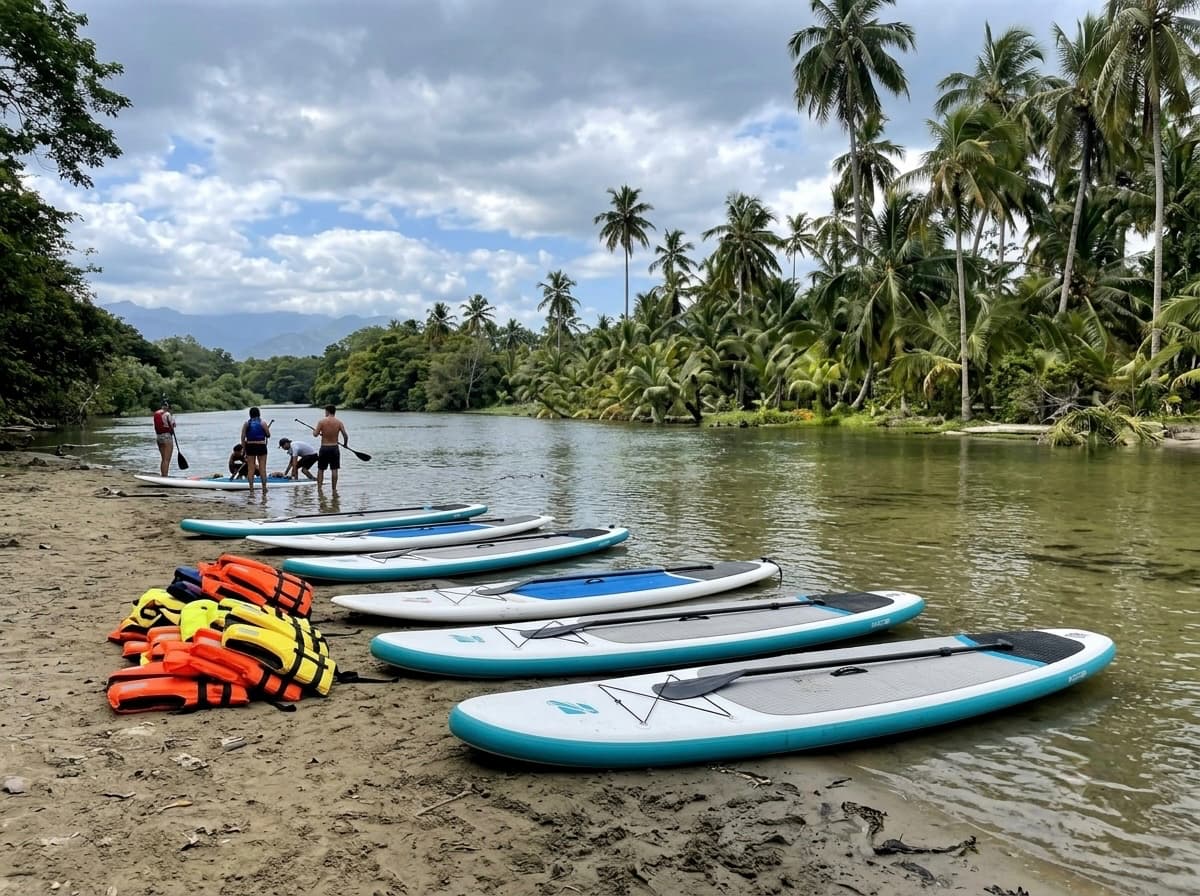 Paddleboards and kayaks lined up on the bank of the Palomino River