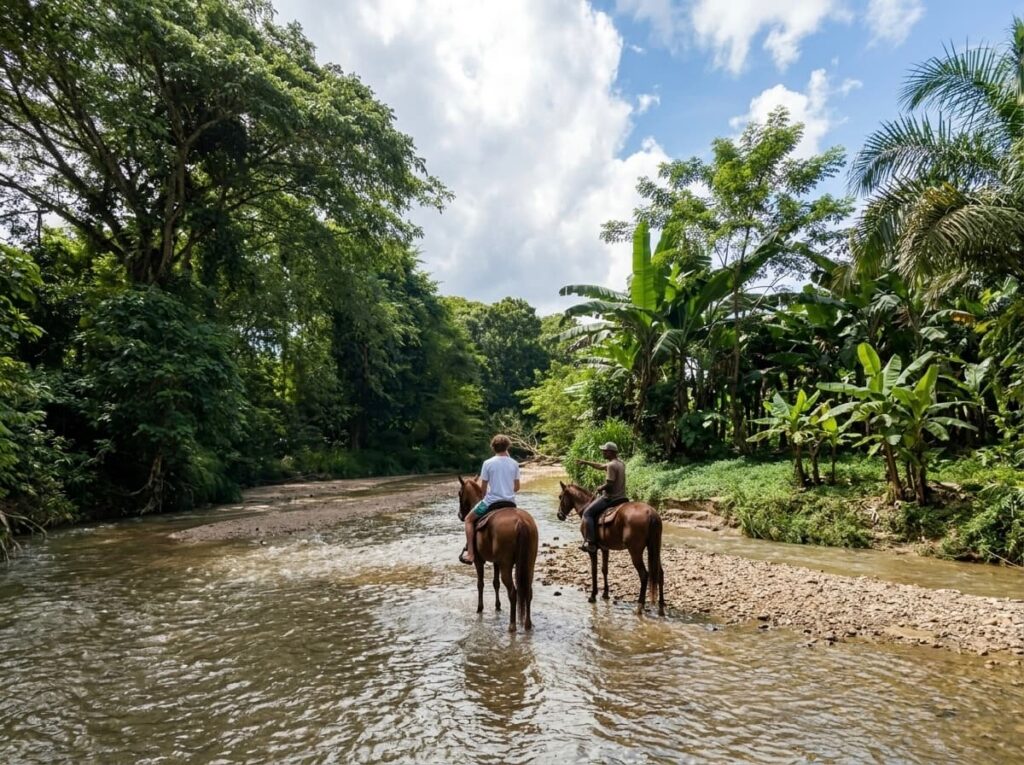 Riders on horseback crossing a shallow river near Palomino