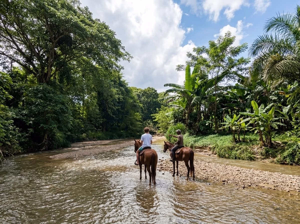 Riders on horseback crossing a shallow river near Palomino