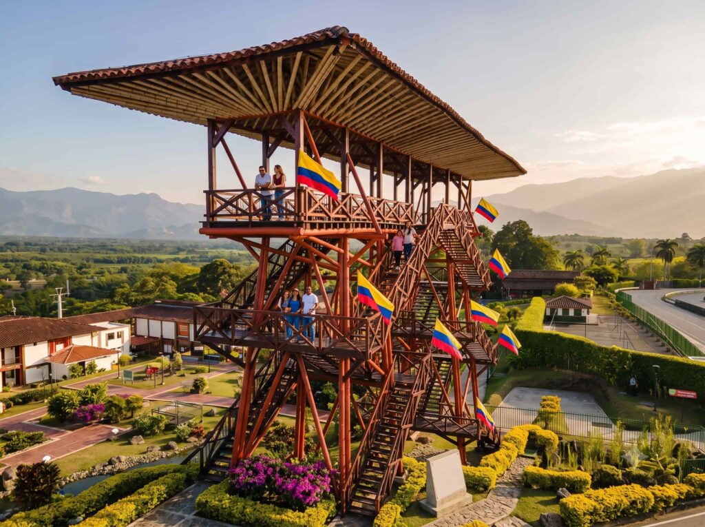 The wooden lookout tower of the Parque del Café near Armenia, with Colombian flags and the Quindío hills behind