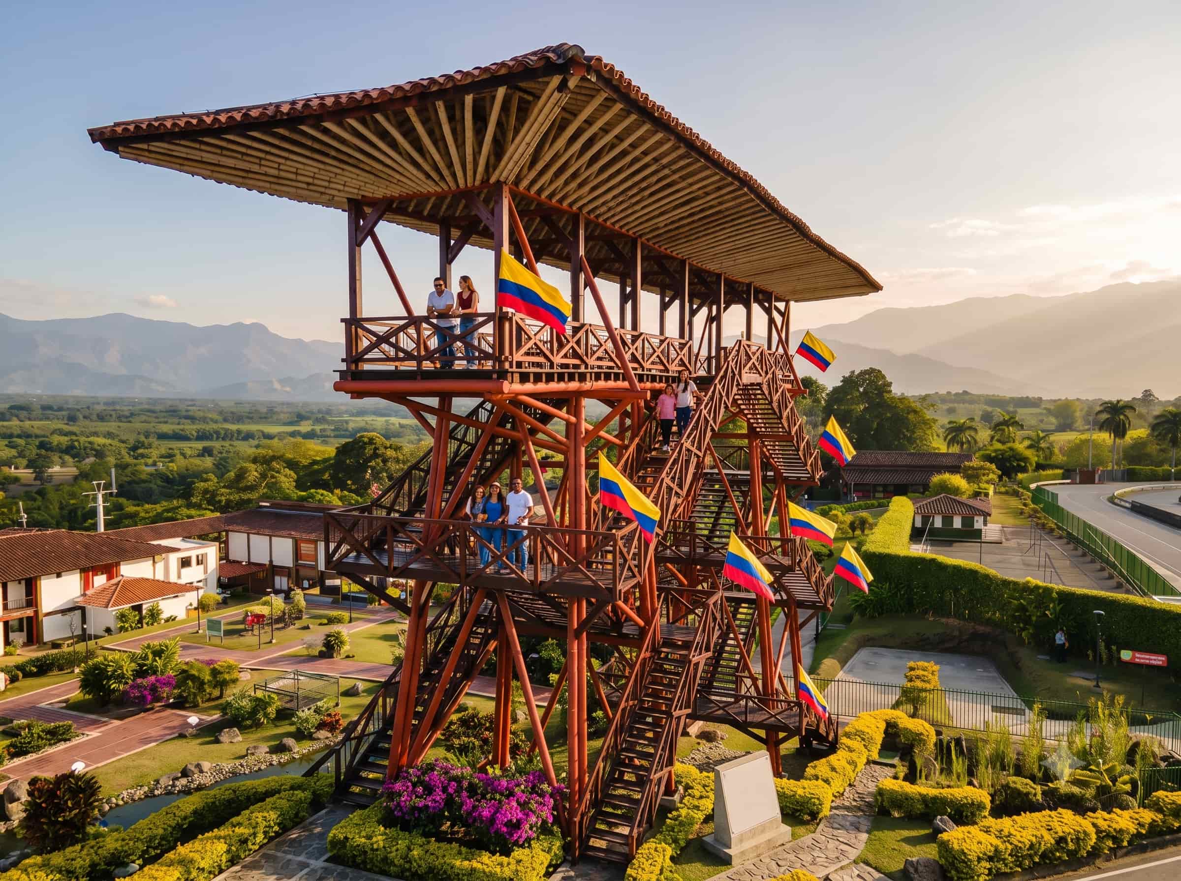 The wooden lookout tower of the Parque del Café near Armenia, with Colombian flags and the Quindío hills behind
