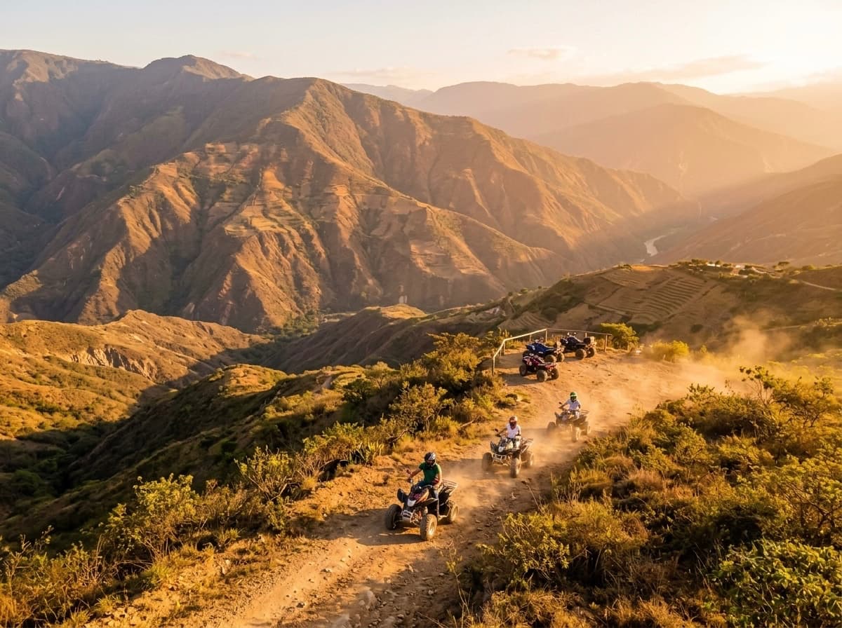 Quad bikes on a dirt track through the Santander canyon at golden hour