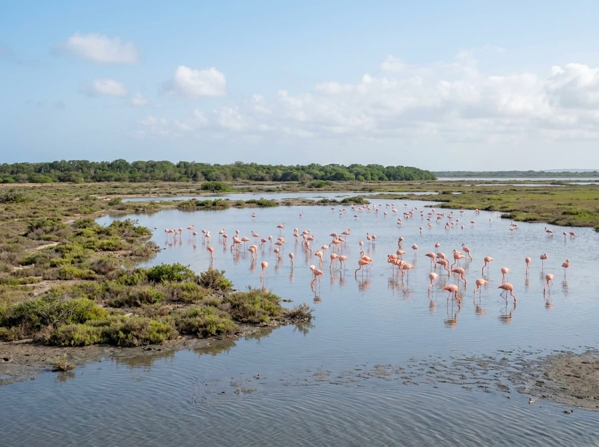 Flamingos wading in the shallow coastal lagoon at the Los Flamencos sanctuary