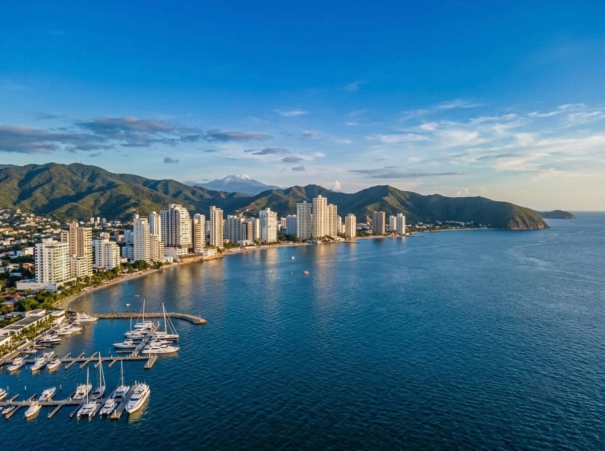 Santa Marta's bay and marina from the air, with the Sierra Nevada rising behind the city