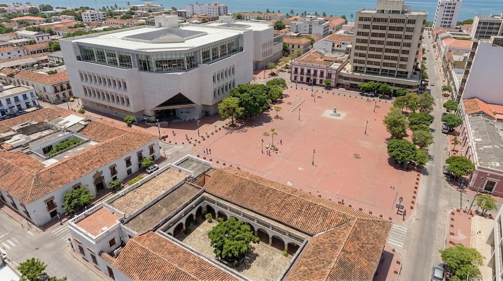 Aerial view of the colonial plaza and Gold Museum in Santa Marta old city
