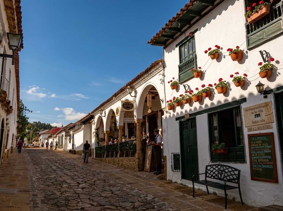 Whitewashed colonial arcade and cobbled street in the centre of Villa de Leyva