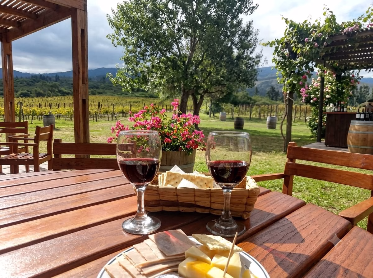 Copas de vino y una tabla de quesos en la terraza de un viñedo cerca de Villa de Leyva