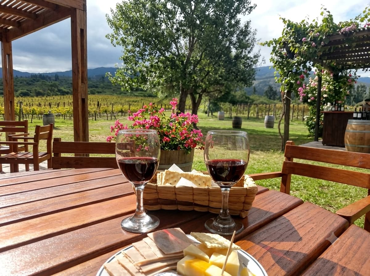 Wine glasses and a cheese board on a vineyard terrace near Villa de Leyva